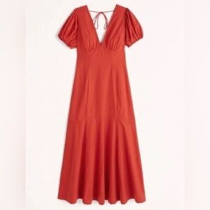 Abercrombie & Fitch Puffy Sleeve Midi Dress Red
